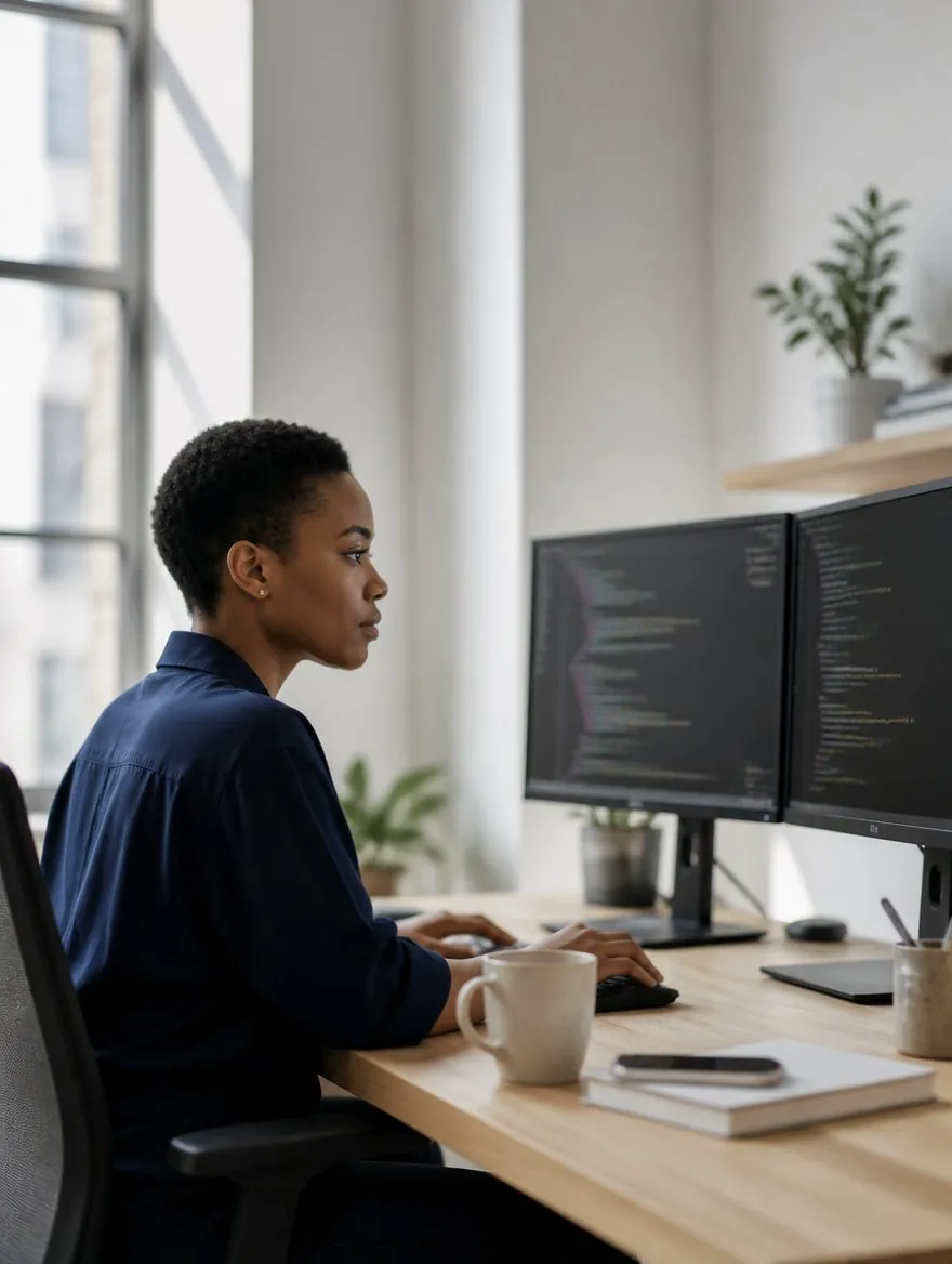 Développeur au travail devant deux écrans, lumière naturelle