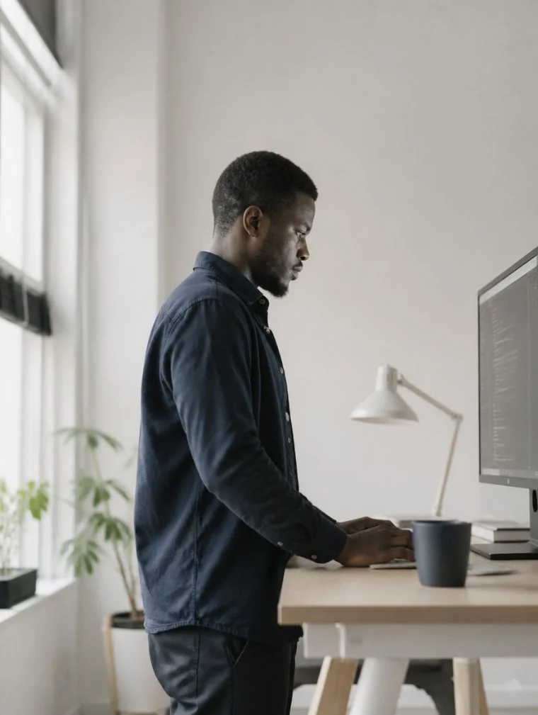 Ingénieur relisant du code, debout à son poste